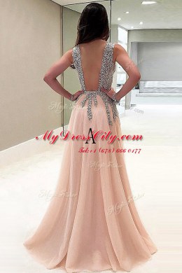 Brush Train Empire Evening Dress Champagne V-neck Tulle Sleeveless With Train Backless