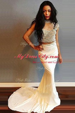 Mermaid Scoop Cap Sleeves Sweep Train Zipper Beading Homecoming Dress