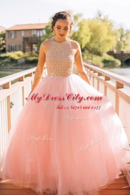 Scoop Tulle Sleeveless Floor Length Homecoming Dress and Beading