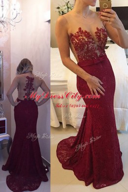 Mermaid Scoop Lace Burgundy Sleeveless Beading and Appliques Zipper Evening Dress