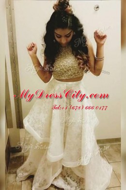 Fashion Lace Scoop Sleeveless Sweep Train Zipper Beading and Ruffles Prom Homecoming Dress in White