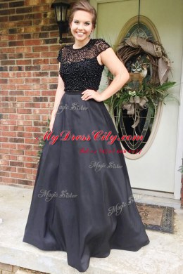 Suitable Black Backless Scoop Beading Evening Dress Satin Cap Sleeves