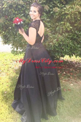 Suitable Black Backless Scoop Beading Evening Dress Satin Cap Sleeves