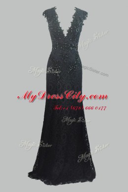Black Lace Zipper V-neck Cap Sleeves Floor Length Prom Gown Beading and Lace