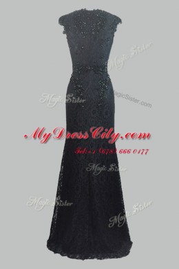 Black Lace Zipper V-neck Cap Sleeves Floor Length Prom Gown Beading and Lace