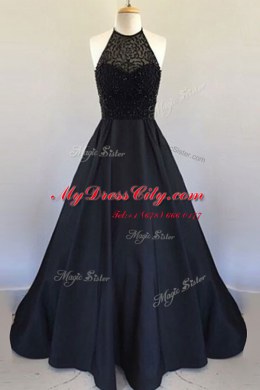 On Sale Halter Top Pleated Black Sleeveless Satin Zipper Prom Dress for Prom and Party