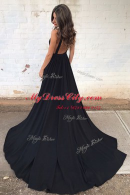 V-neck Sleeveless Dress for Prom With Train Court Train Ruching Black Chiffon