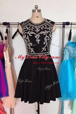 Scoop Black A-line Beading Dress for Prom Zipper Chiffon Sleeveless Mini Length