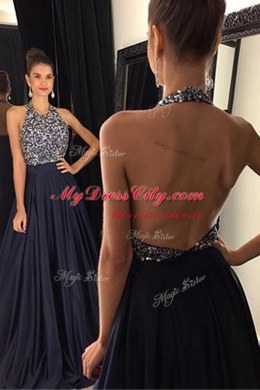 Halter Top Black Sleeveless With Train Beading Backless Prom Dresses