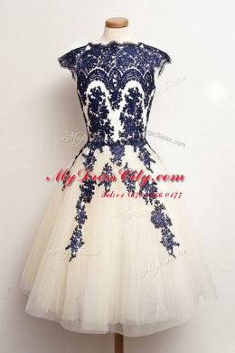 Gorgeous Scalloped Knee Length Zipper Homecoming Dress Blue And White for Prom and Party with Appliques