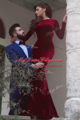 New Arrival Mermaid Burgundy Elastic Woven Satin Backless Long Sleeves With Train Sweep Train Beading