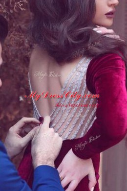 New Arrival Mermaid Burgundy Elastic Woven Satin Backless Long Sleeves With Train Sweep Train Beading