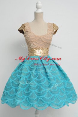 Decent Lace Scoop Cap Sleeves Zipper Sequins Evening Dress in Blue