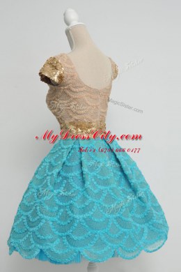 Decent Lace Scoop Cap Sleeves Zipper Sequins Evening Dress in Blue