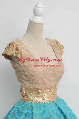 Decent Lace Scoop Cap Sleeves Zipper Sequins Evening Dress in Blue