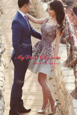 Sexy Scoop Appliques Prom Party Dress White Zipper Cap Sleeves Knee Length