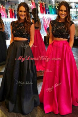 Black Backless Scoop Lace and Ruching Dress for Prom Satin Cap Sleeves
