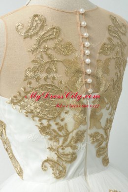 Pretty Scoop Champagne Sleeveless Lace and Appliques Knee Length Prom Dress