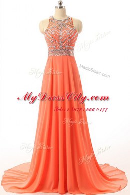Orange A-line Halter Top Sleeveless Chiffon Court Train Backless Beading