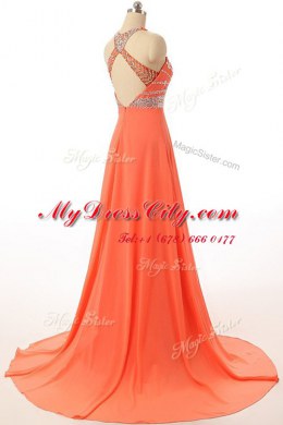 Orange A-line Halter Top Sleeveless Chiffon Court Train Backless Beading