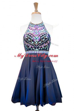 Navy Blue Side Zipper Halter Top Beading Cocktail Dresses Chiffon Sleeveless
