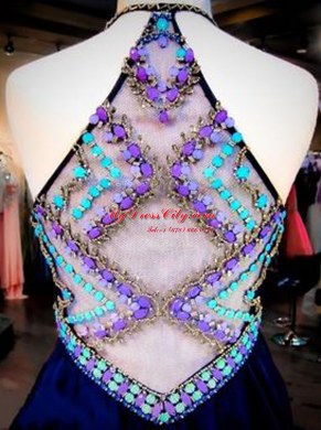 Navy Blue Side Zipper Halter Top Beading Cocktail Dresses Chiffon Sleeveless