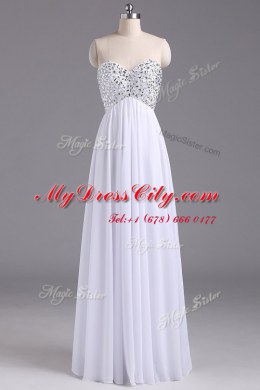 Eye-catching Beading and Ruching Evening Dress White Lace Up Sleeveless Floor Length