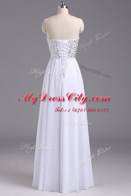 Eye-catching Beading and Ruching Evening Dress White Lace Up Sleeveless Floor Length
