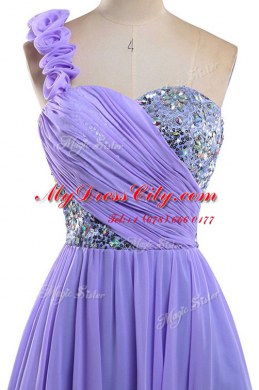 Customized Sequins One Shoulder Sleeveless Lace Up Evening Gowns Lavender Chiffon
