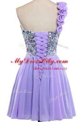 Customized Sequins One Shoulder Sleeveless Lace Up Evening Gowns Lavender Chiffon