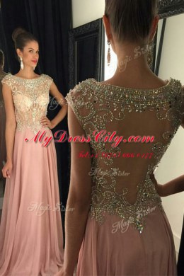 Scoop Pink Chiffon Zipper Prom Party Dress Sleeveless Floor Length Beading and Sequins