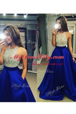 Admirable Blue A-line Halter Top Sleeveless Chiffon Floor Length Backless Beading Prom Dress