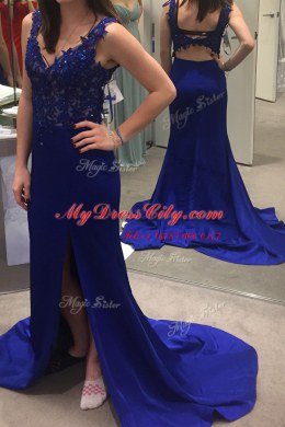 Fantastic Royal Blue V-neck Backless Beading and Appliques Prom Dresses Sweep Train Sleeveless