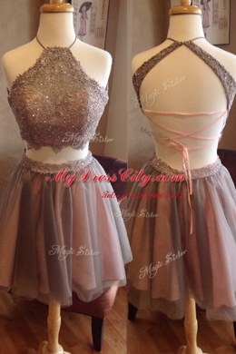 Fine Halter Top Sleeveless Knee Length Beading Criss Cross Prom Dresses with Grey