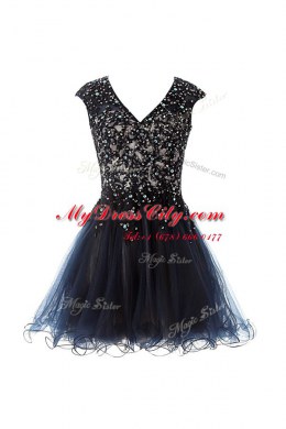 Discount Navy Blue Cap Sleeves Beading Knee Length Homecoming Dress