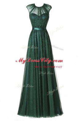 Scoop Tulle Cap Sleeves Floor Length Prom Dress and Beading and Pleated