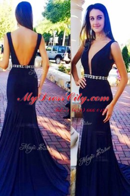 Sleeveless Elastic Woven Satin With Train Sweep Train Backless Homecoming Dress in Navy Blue with Beading