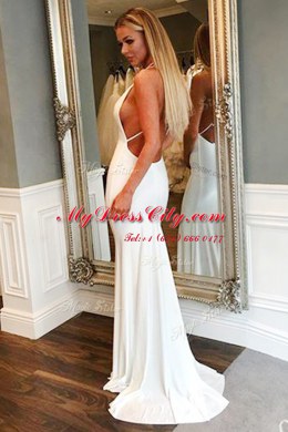 Mermaid Ruching Dress for Prom White Backless Sleeveless With Brush Train