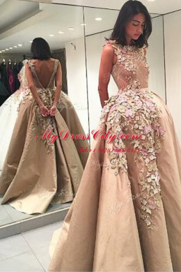 Satin Sleeveless Floor Length Prom Dresses and Lace and Appliques