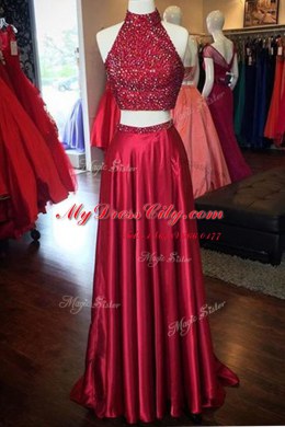 Floor Length Red Prom Party Dress Halter Top Sleeveless Backless