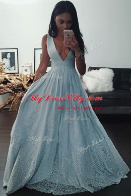 Floor Length Light Blue Prom Evening Gown Taffeta Sleeveless Beading and Lace