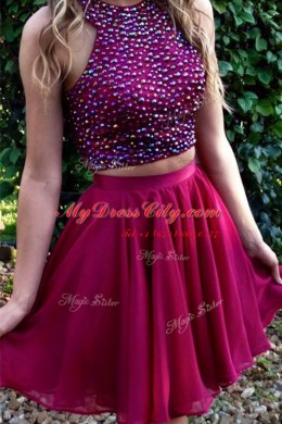 Modest Halter Top Fuchsia Chiffon Criss Cross Prom Dresses Sleeveless Knee Length Beading