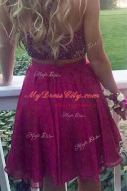 Modest Halter Top Fuchsia Chiffon Criss Cross Prom Dresses Sleeveless Knee Length Beading