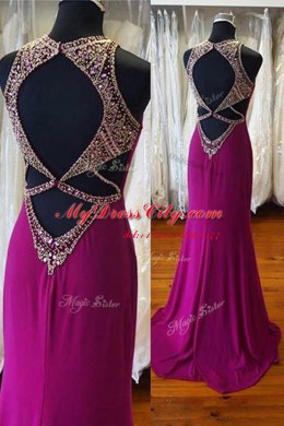 Scoop Fuchsia Sleeveless Beading Backless Prom Evening Gown