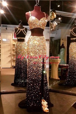 Gold Mermaid Beading Womens Evening Dresses Backless Tulle Sleeveless With Train