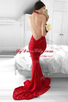 Mermaid Lace Halter Top Sleeveless Sweep Train Backless Lace in Red