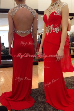 Charming Red Backless Homecoming Dress Beading Sleeveless With Train Sweep Train