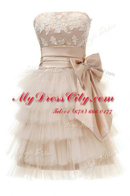 Knee Length Champagne Prom Dresses Satin and Tulle Sleeveless Appliques