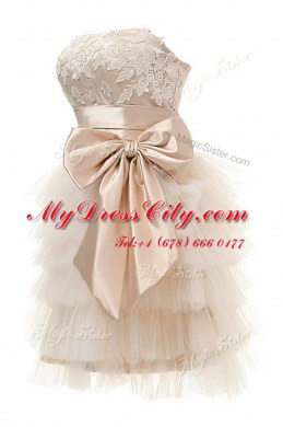 Knee Length Champagne Prom Dresses Satin and Tulle Sleeveless Appliques