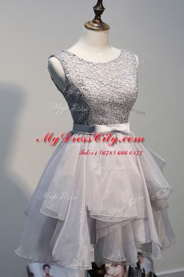 Unique Organza and Lace Scoop Sleeveless Lace Up Beading Dress for Prom in Grey